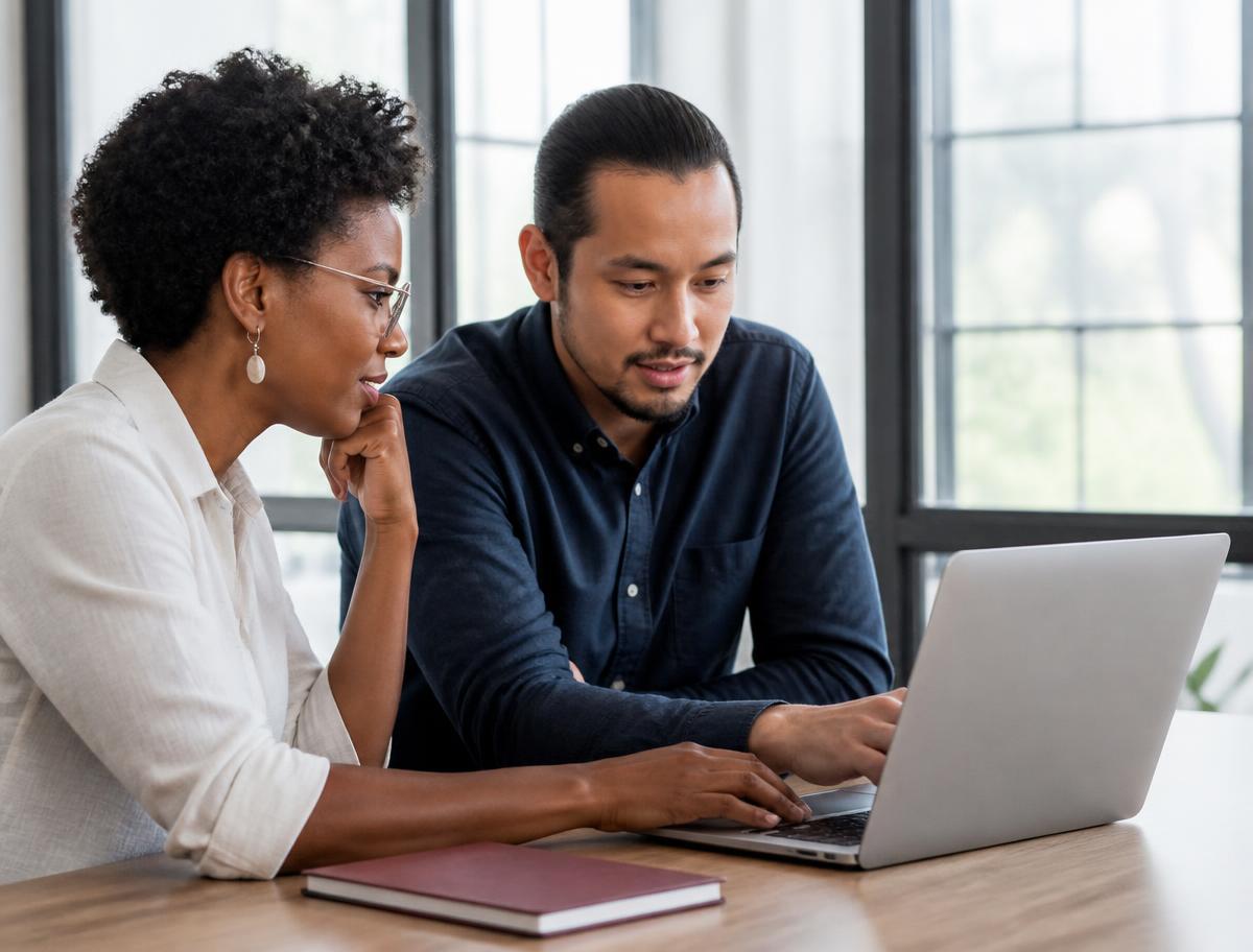 A nonprofit director reviewing campaign performance with a strategist